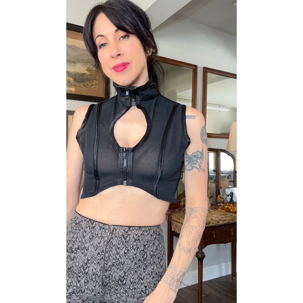 90s Catherine Coatney Black Mesh Zipper Keyhole Crop Top Goth Rave Industrial